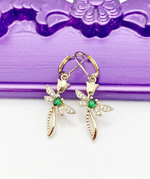Gold Cross Tulip Green Dragonfly Earrings Birthday Gift, NL367