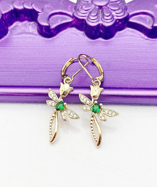 Gold Cross Tulip Green Dragonfly Earrings Birthday Gift, NL367