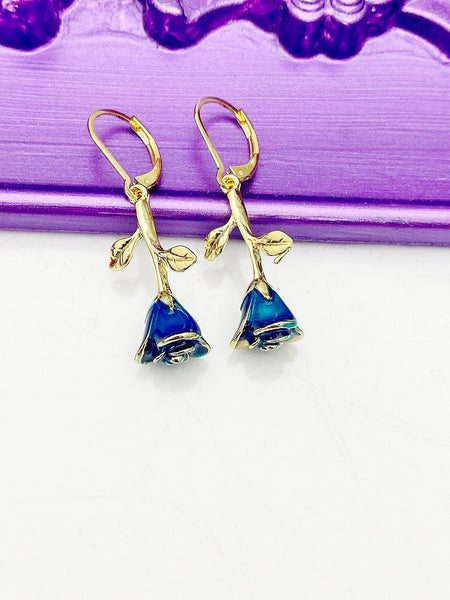 Gold Blue Rose Flower Earrings Hypoallergenic Earrings, Birthday Gift, N3108A