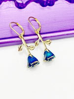 Gold Blue Rose Flower Earrings Hypoallergenic Earrings, Birthday Gift, N3108A