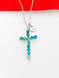 Silver Apatite Cross Necklace Natural Gemstone Jewelry, Birthday Gifts, Personalized Customized Gifts, N5225A