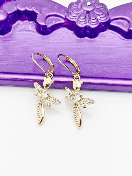 Gold Cross Tulip Dragonfly Earrings Hypoallergenic Earrings, Birthday Gift, NL366