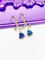 Gold Blue Rose Flower Earrings Hypoallergenic Earrings, Birthday Gift, N3108A