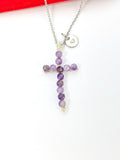 Silver Amethyst Cross Necklace, Natural Gemstone Jewelry, Birthday Gifts, Personalized Customized Gifts, N5225