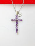 Silver Amethyst Cross Necklace, Natural Gemstone Jewelry, Birthday Gifts, Personalized Customized Gifts, N5225