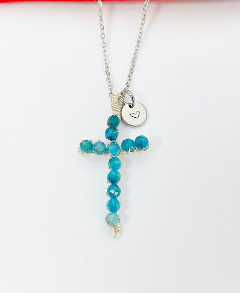 Silver Apatite Cross Necklace Natural Gemstone Jewelry, Birthday Gifts, Personalized Customized Gifts, N5225A