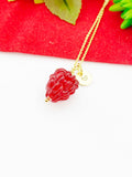 Gold Red Raspberry Necklace, Handmade Lampwork Raspberry Charm, Personized Customized Initial Necklace, N5304A