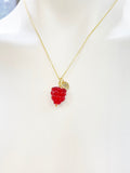 Gold Red Raspberry Necklace, Handmade Lampwork Raspberry Charm, Personized Customized Initial Necklace, N5304A