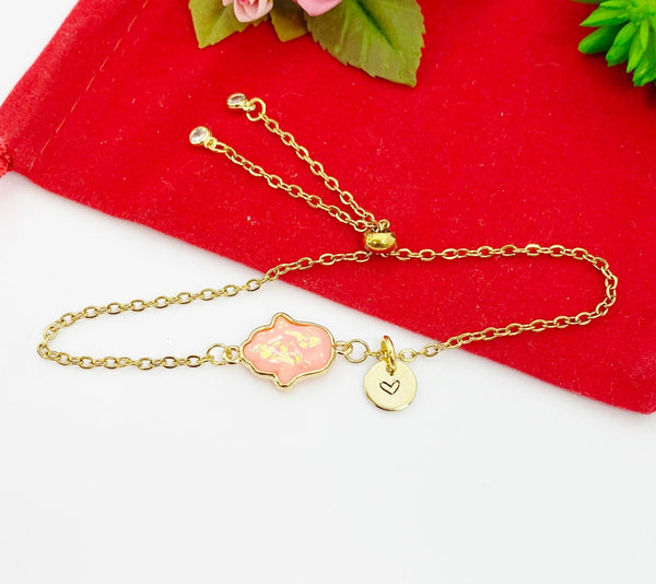 Gold Hamsa Hand Bracelet, Pink, Personized Customized Initial Bolo Bracelet, N5306B