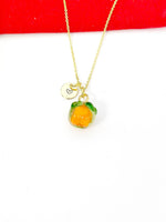 Gold Persimmon Necklace, Handmade Lampwork Orange Persimmon Charm, Personized Customized Initial Necklace, N5308