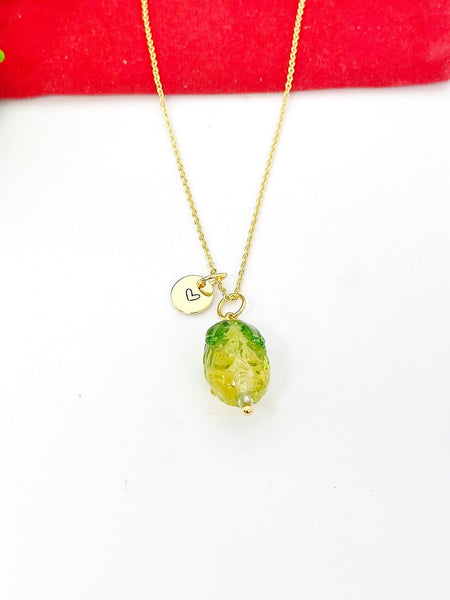 Gold Pineapple Necklace, Handmade Lampwork Yellow Pineapple Charm, Personized Customized Initial Necklace, N5309