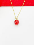 Gold Apple Necklace, Handmade Lampwork Red Apple Charm, Personized Customized Initial Necklace, N5311