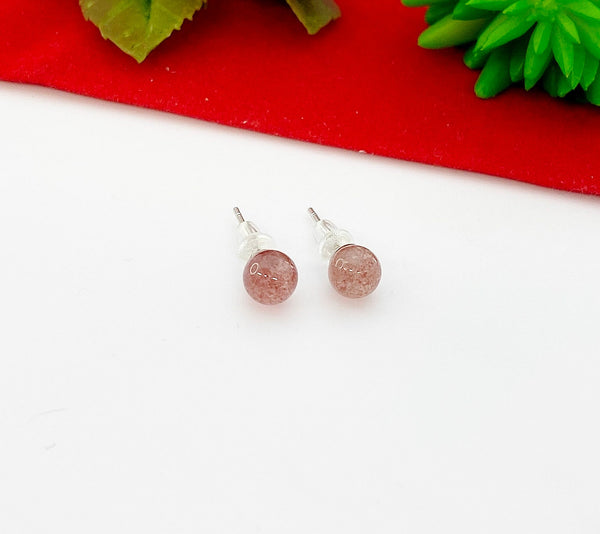 Silver Strawberry Quartz Dainty Stud Earrings 925 Sterling Silver Pin, Gifts for Girls, N5313B