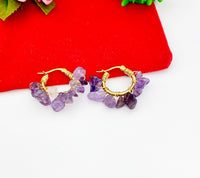 Gold Natural Amethyst Wire Wrap Braided Hoop Earrings Gemstone Jewelry, Gifts for Girlfriends, N5321A
