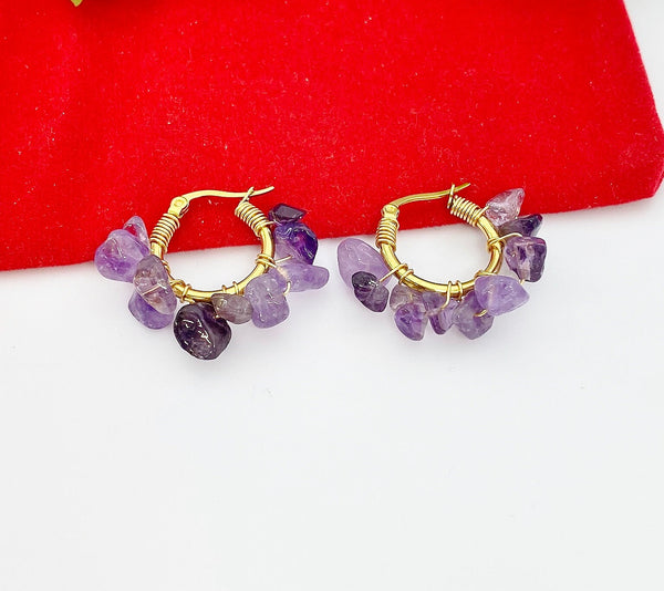 Gold Natural Amethyst Wire Wrap Braided Hoop Earrings Gemstone Jewelry, Gifts for Girlfriends, N5321A
