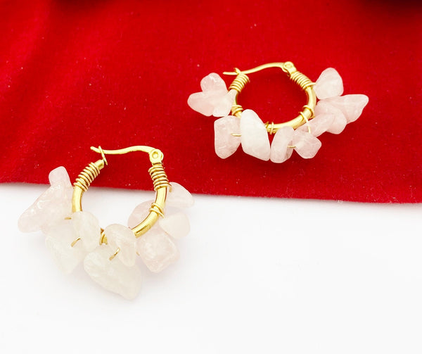 Gold Natural Rose Quartz Wire Wrap Hoop Earrings Gemstone Jewelry, Gifts for Girlfriends, N5321B