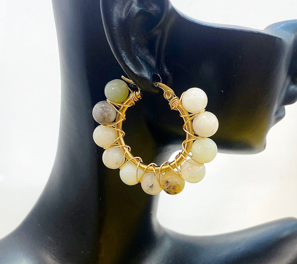 Gold Natural Flower Amazonite Wire Wrap Hoop Earrings Gemstone Jewelry, Gifts for Girlfriends, N5322A