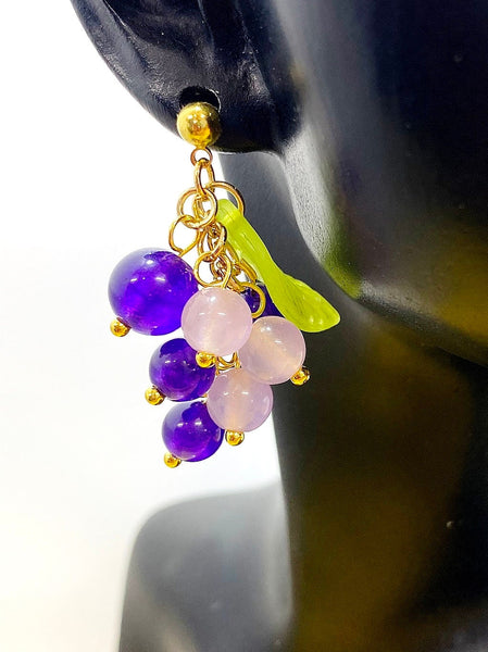 Gold Natural Jade Grape Stud Earrings Gemstone Jewelry, Gifts for Girlfriends, N5323