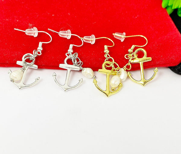 Gold or Silver Anchor with Pearl Charm Earrings Pet Lover Jewelry Gifts, N866A