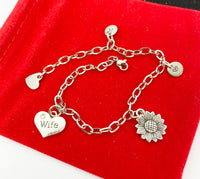 Silver Wife Sunflower Heart Charm Bracelet Personalized Customized Gifts, N964A
