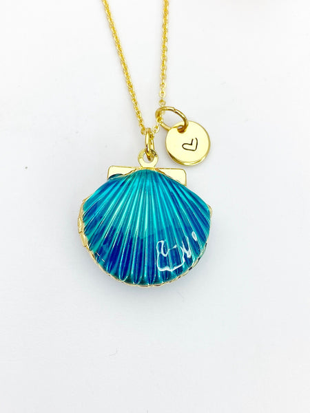 Gold Blue Shell Locket Charm Necklace Mermaid Girl Gifts, Personalized Customized Gifts, N5277B