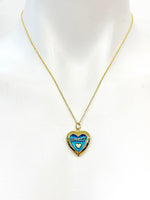 Gold Sweet Teal Heart Locket Charm Necklace, N5278B