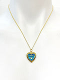Gold Sweet Teal Heart Locket Charm Necklace, N5278B