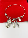 Silver Cardiologist Bracelet Anatomy Heart Caduceus, Medical School Student Gifts, Personalized Customized Gifts, N5283A