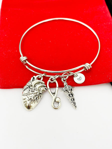 Silver Cardiologist Bracelet Anatomy Heart Caduceus, Medical School Student Gifts, Personalized Customized Gifts, N5283A