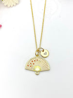 Gold Folding Fan Cherry Blossom Charm Necklace, Birthday Teen Girl Gifts, Personalized Customized Gifts, N5291E