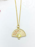 Gold Folding Fan Cherry Blossom Charm Necklace, Birthday Teen Girl Gifts, Personalized Customized Gifts, N5291E