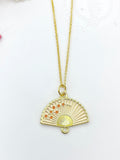 Gold Folding Fan Cherry Blossom Charm Necklace, Birthday Teen Girl Gifts, Personalized Customized Gifts, N5291E