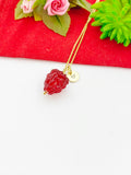 Gold Red Raspberry Necklace, Handmade Lampwork Raspberry Charm, Personized Customized Initial Necklace, N5304A