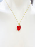 Gold Red Raspberry Necklace, Handmade Lampwork Raspberry Charm, Personized Customized Initial Necklace, N5304A