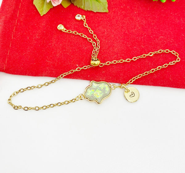 Gold Hamsa Hand Bracelet, Pink, Personized Customized Initial Bolo Bracelet, N5306C