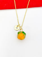 Gold Persimmon Necklace, Handmade Lampwork Orange Persimmon Charm, Personized Customized Initial Necklace, N5308