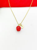 Gold Apple Necklace, Handmade Lampwork Red Apple Charm, Personized Customized Initial Necklace, N5311