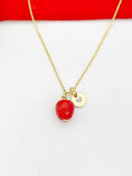 Gold Apple Necklace, Handmade Lampwork Red Apple Charm, Personized Customized Initial Necklace, N5311