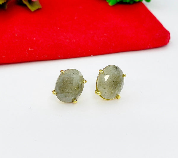 Gold Natural Labradorite Stud Earrings Gemstone Jewelry, Gifts for Mom, N5319