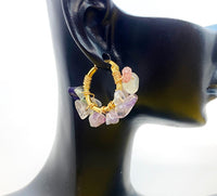 Gold Natural Fluorite Wire Wrap Hoop Earrings Gemstone Jewelry, Gifts for Girlfriends, N5321C