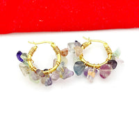 Gold Natural Fluorite Wire Wrap Hoop Earrings Gemstone Jewelry, Gifts for Girlfriends, N5321C