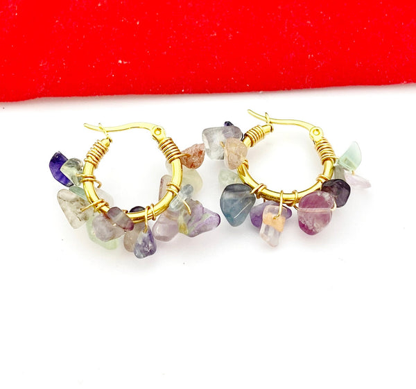Gold Natural Fluorite Wire Wrap Hoop Earrings Gemstone Jewelry, Gifts for Girlfriends, N5321C