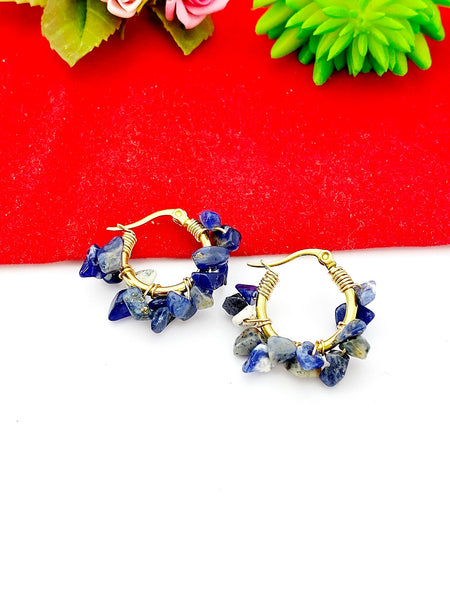Gold Natural Lapis Lazuli Wire Wrap Hoop Earrings Gemstone Jewelry, Gifts for Girlfriends, N5321D