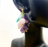 Gold Natural Amethyst and Natural Kunzite Grape Stud Earrings Gemstone Jewelry, Gifts for Girlfriends, N5324