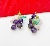 Gold Natural Amethyst and Natural Kunzite Grape Stud Earrings Gemstone Jewelry, Gifts for Girlfriends, N5324