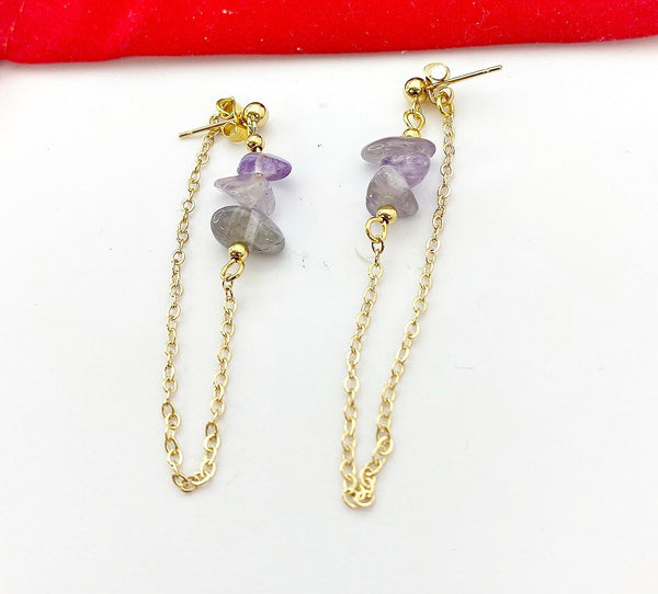 Gold Natural Amethyst Dangle Stud Earrings Gemstone Jewelry, Gifts for Girlfriends, N5327