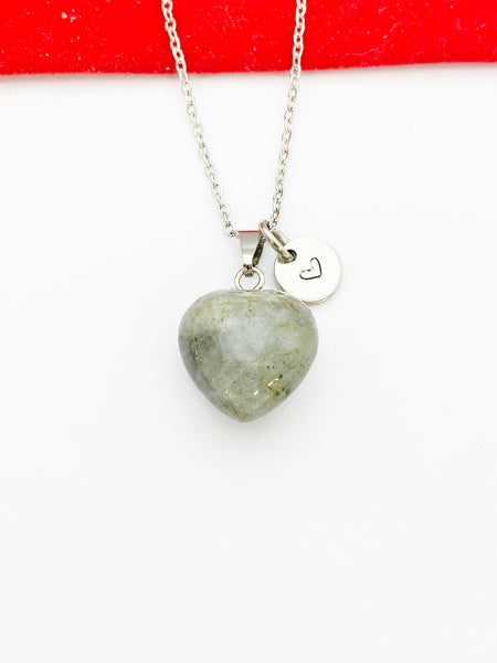 Silver Natural Labradorite Heart Necklace Birth Gemstone Jewelry Gifts, Personalized Customized Gifts, N5332C