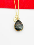 Gold Natural Black Agate Pendants Necklace Birth Gemstone Jewelry Gifts, Personalized Customized Gifts, N5336