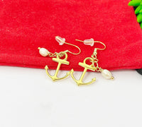 Gold Anchor with Pearl Charm Earrings Pet Lover Jewelry Gifts, N866B