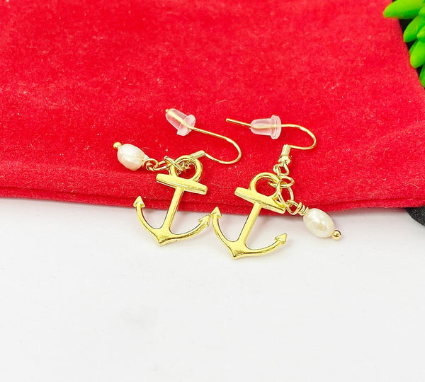 Gold Anchor with Pearl Charm Earrings Pet Lover Jewelry Gifts, N866B